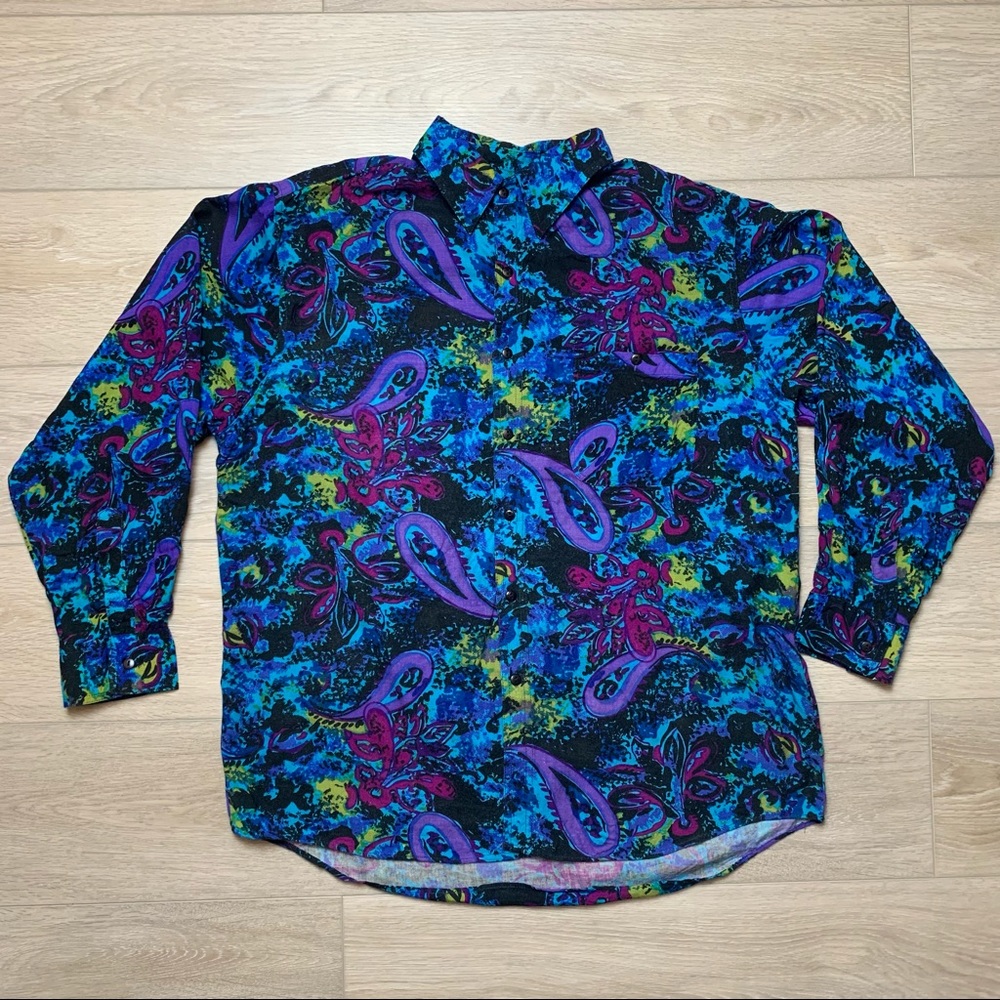 Vintage Long Sleeve Shirt Creative Edge Colorful Print All Over Button Down